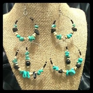 Turquoise and Bone double boho Hoops